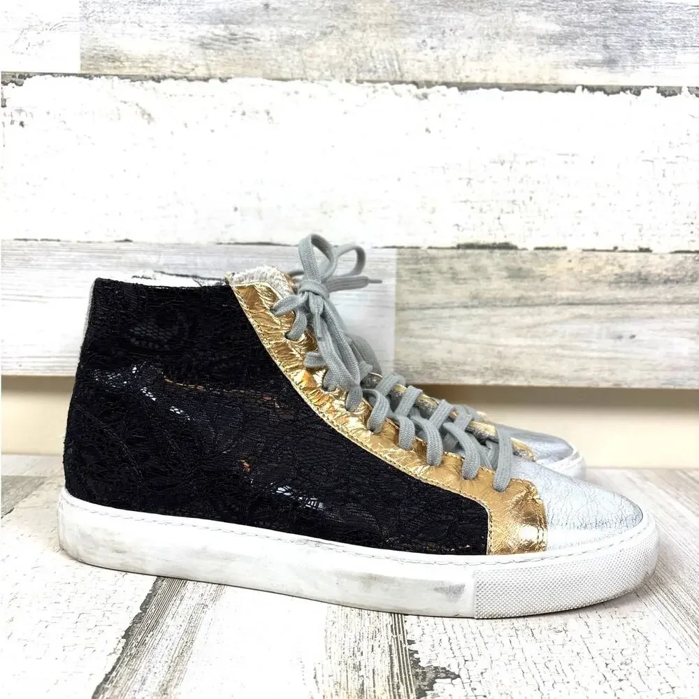 P448 Womens 10 Black Metallic Leather High Top Gold Lace Up Casual Sneakers